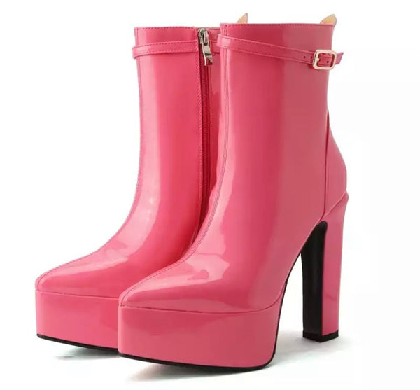 Women Patent Leather Fashion Platform Ankle Strap Boots