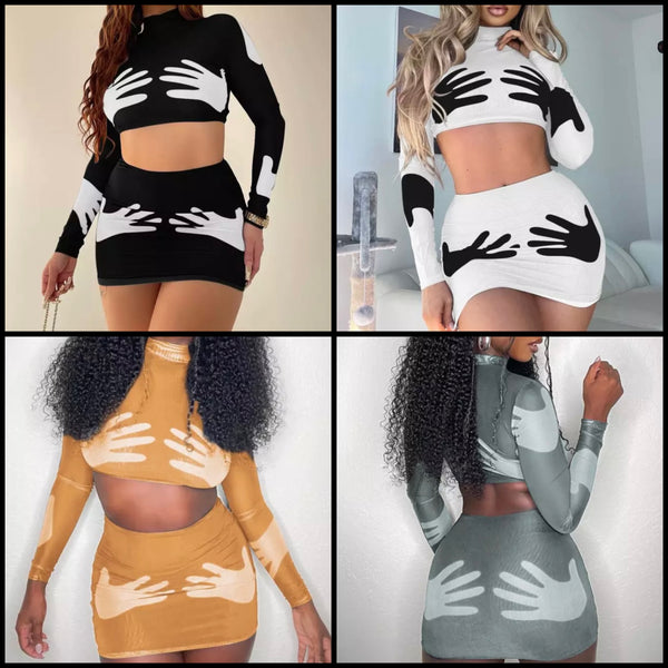 Women Sexy Hand Print Full Sleeve Two Piece Skirt Set