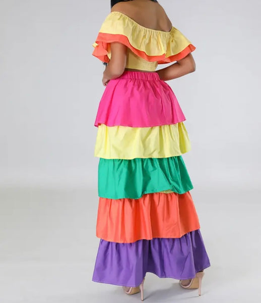 Women Colorful Ruffled Off The Shoulder Two Piece Maxi Skirt Set