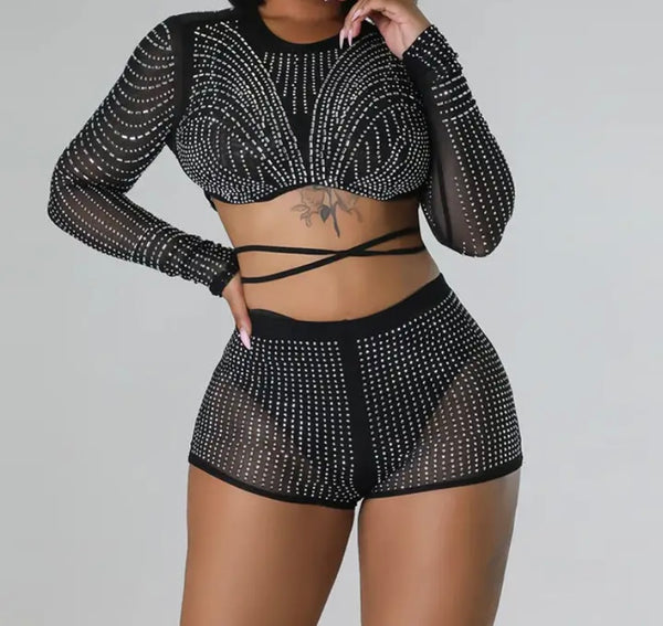 Women Sexy Full Sleeve Lace Up Crop Mesh Bling Two Piece Short Set