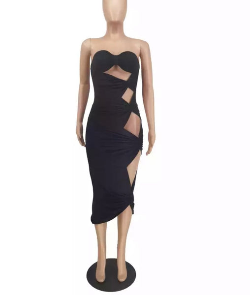 Women Sexy Solid Color Strapless Cut Out Dress