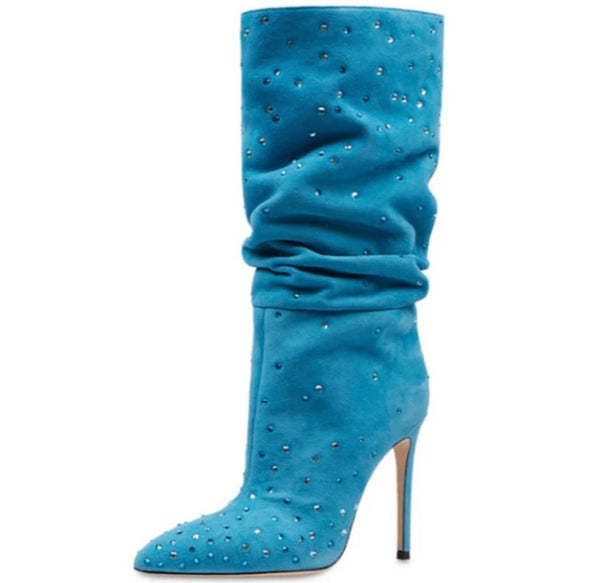 Women Rhinestone Pointed Toe High Heel Boots