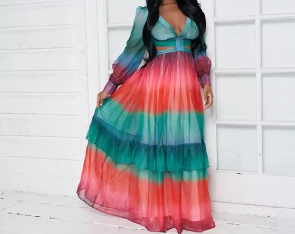 Women Gradient Sexy Full Sleeve Ruffled Maxi Dress