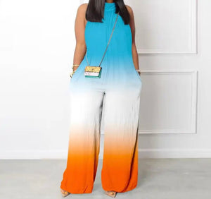 Women Sleeveless Tie Dye Pocket Wide Leg Fashion Jumpsuit