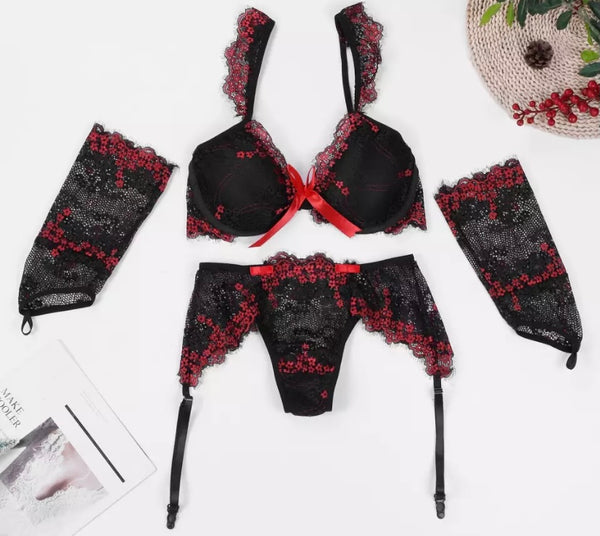 Women Sexy Red/Black Lace Three Piece Lingerie Set