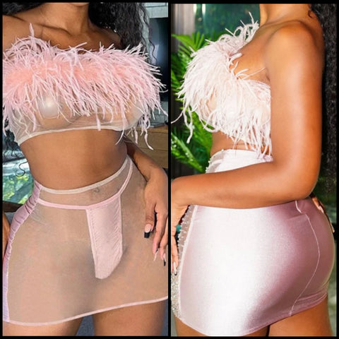 Women Sexy Pink Feather Strapless Crop Two Piece Mesh Skirt Set