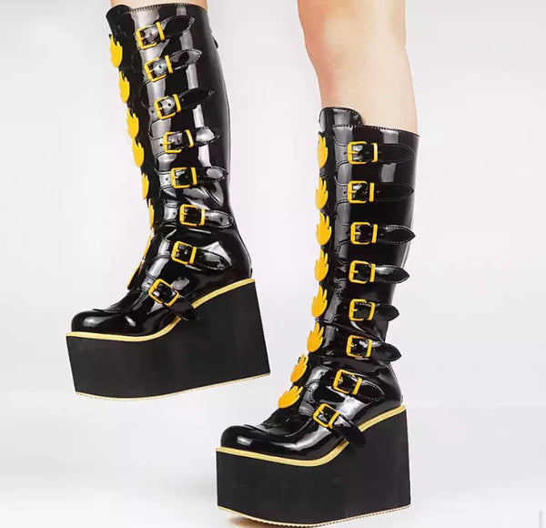 Women Fashion Patent Leather Thick Platform Boots