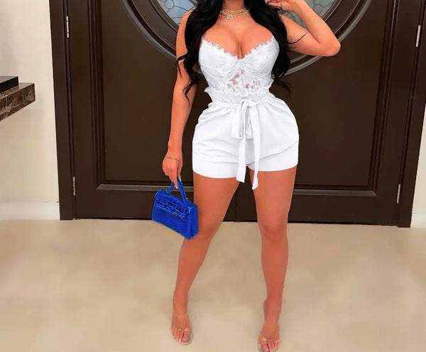 Women Lace Patchwork Tie Up Sexy Sleeveless Romper