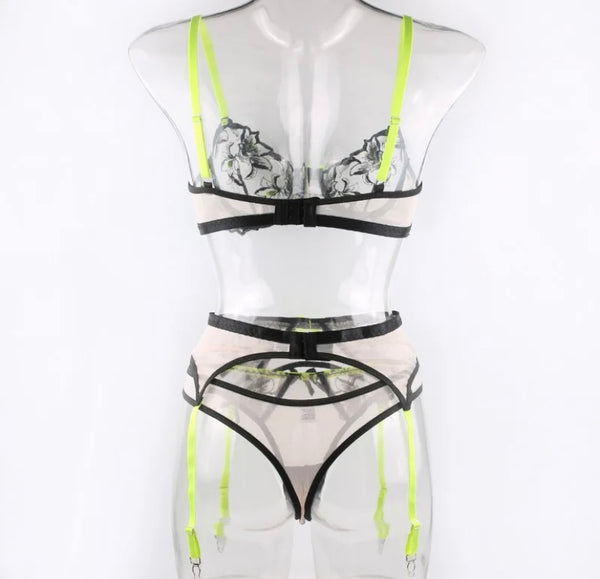 Women Sexy Black Neon Mesh Lingerie Set