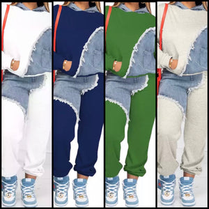 Women Fashion Full Sleeve Denim Patchwork Hooded Two Piece Pant Set