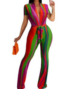 Women Sexy Multicolored Striped Short Sleeve Jumpsuit