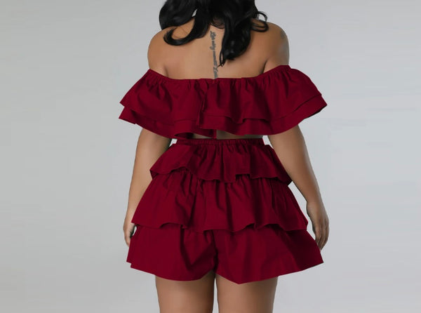 Women Sexy Ruffled Off The Shoulder Two Piece Short Set