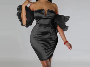 Women Sexy Satin Ruffled Puff Sleeve Off The Shoulder Dress