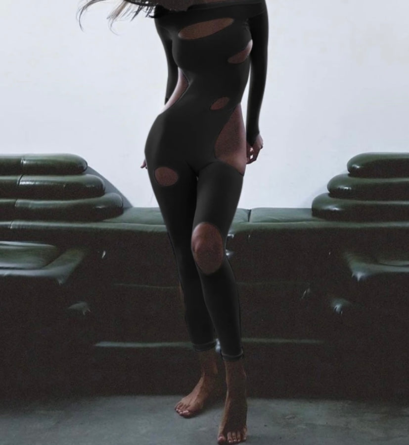 Women Fashion Full Sleeve Hollow Out Solid Color Jumpsuit