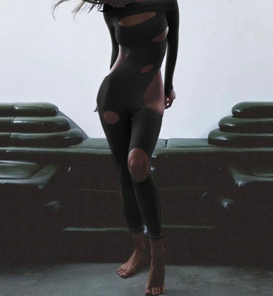 Women Fashion Full Sleeve Hollow Out Solid Color Jumpsuit