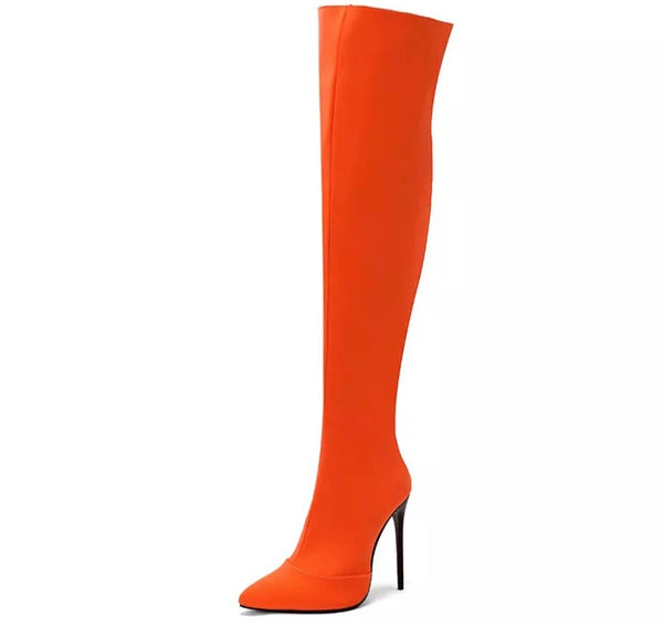 Women Color Pointed Toe High Heel Over The Knee Boots