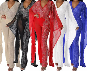 Women Sexy V-Neck Mesh Rhinestone Jumpsuit