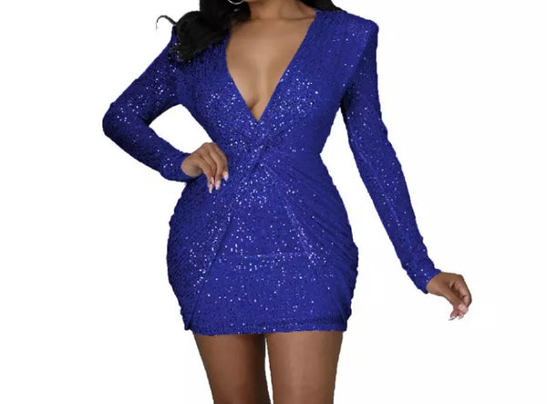Women Sexy Sequins Ruched Full Sleeve Dress