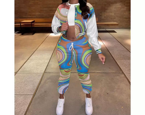 Women Multicolored Print Two Piece Tracksuit Pant Set