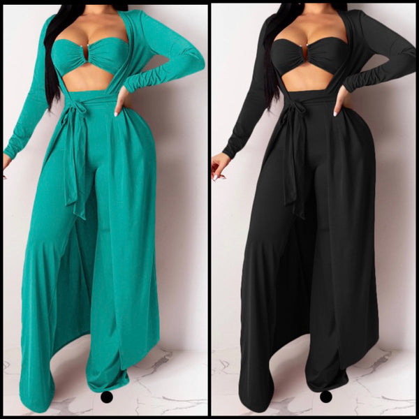 Women Solid Color Three Piece Fashion Pant Set