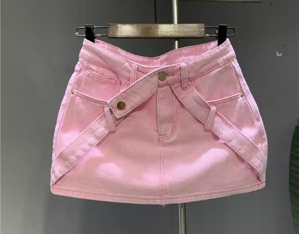 Women Fashion Criss Cross Strap Denim Skirt