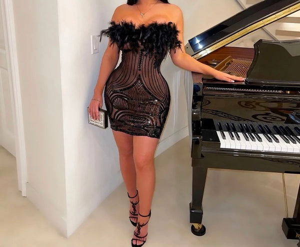 Women Sexy Sleeveless Sequins Black Mesh Feather Dress