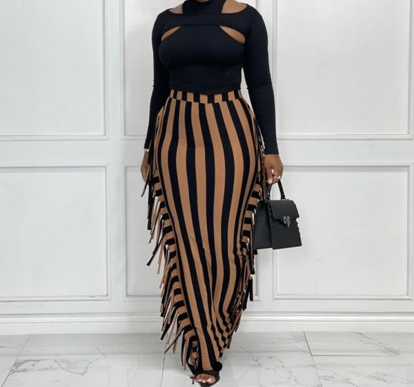 Women Sexy Striped Two Piece Full Sleeve Fashion Maxi Skirt Set