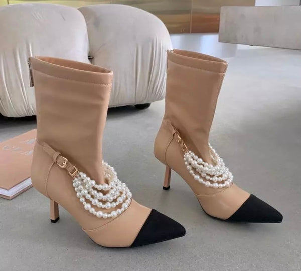 Women Pointed Toe Pearl Fashion Ankle Boots