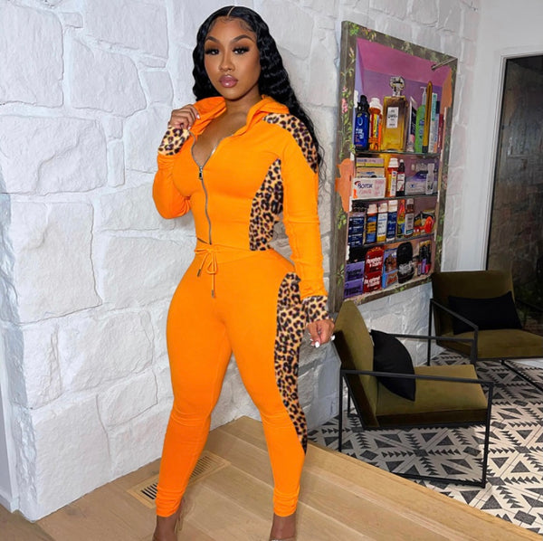 Women Fashion Leopard Patchwork Hooded Two Piece Tracksuit Pant Set