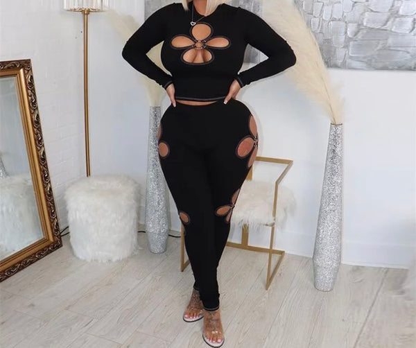 Women Sexy Full Sleeve Hollow Out Crop Two Piece Pant Set