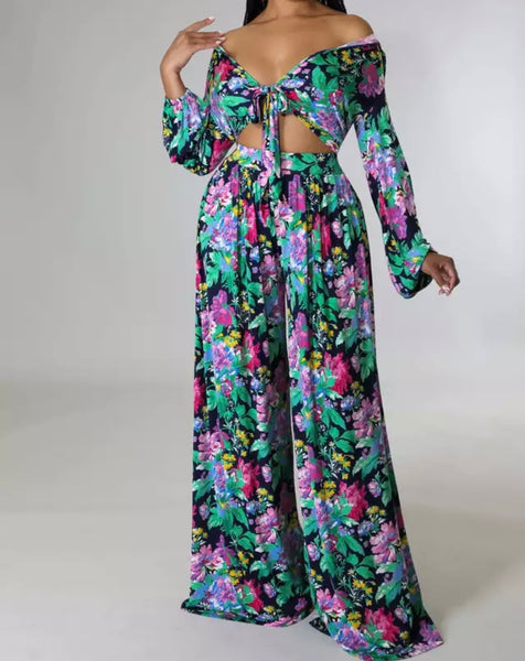 Women Colorful Floral Print Button Up Two Piece Wide Leg Pant Set