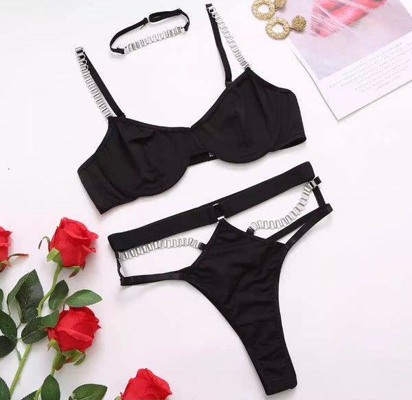 Women Sexy Black Choker Three Piece Lingerie Set