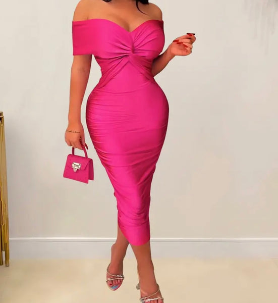 Women Sexy Ruched Off The Shoulder Short Sleeve Long Dress
