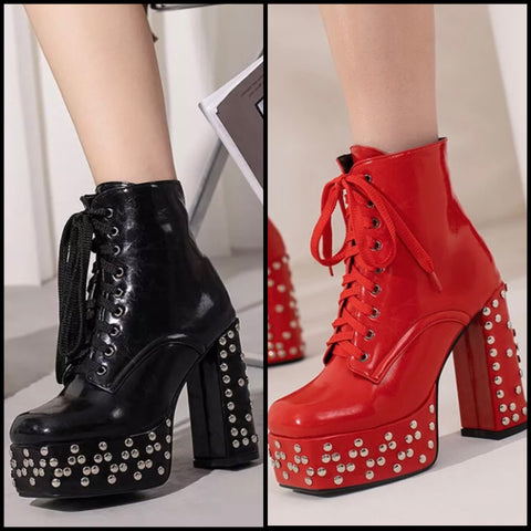 Women PU Rivet Platform Lace Up Ankle Boots