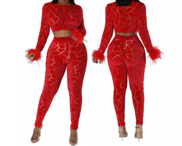 Women Sexy Velour Mesh Patchwork Feather Two Piece Pant Set