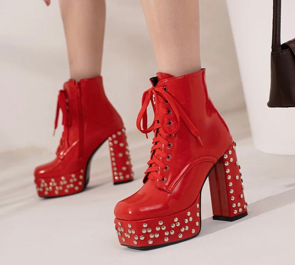 Women PU Rivet Platform Lace Up Ankle Boots