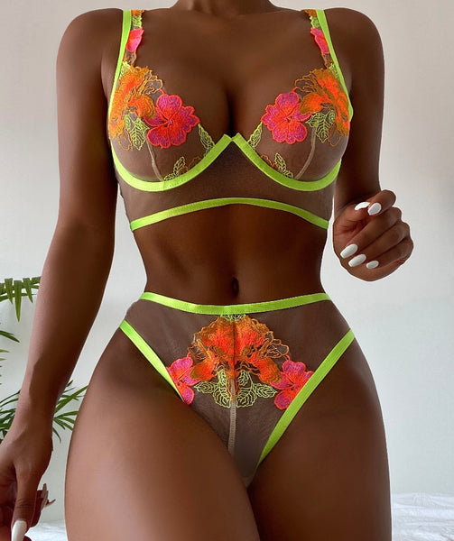 Women Sexy Mesh Neon Floral Lingerie Set