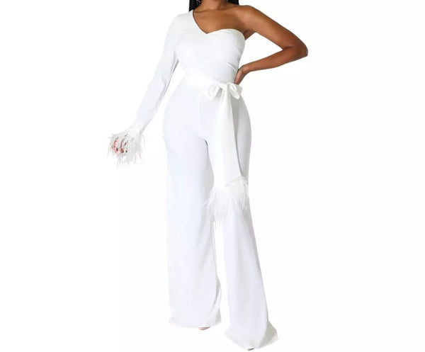 Women One Shoulder Full Sleeve Feather Fashion Jumpsuit