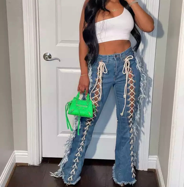 Women Fashion Lace Up Fringe Denim Pants