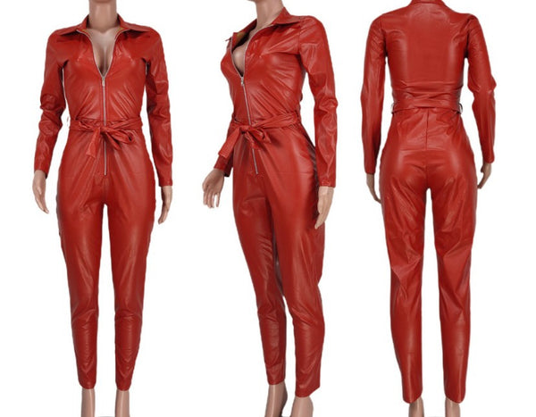 Women Sexy PU Front Zipper Full Sleeve Jumpsuit