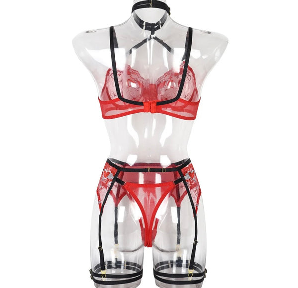 Women Sexy Heart Mesh Color Patchwork Lingerie Set