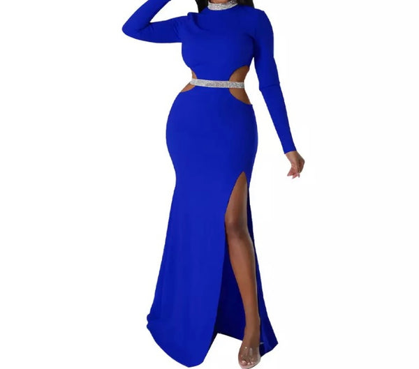 Women Sexy Bling Patchwork Full Sleeve Cut Out Maxi Dress