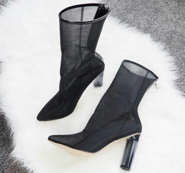 Women Fashion Mesh Transparent Heel Ankle Boots