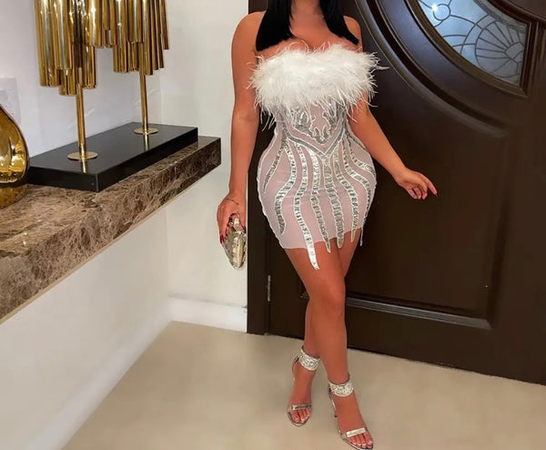 Women Feather Strapless Sequins Mesh Patchwork Dress