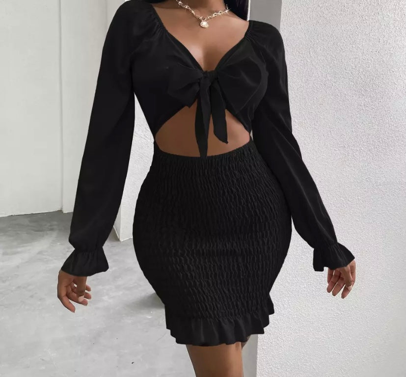 Women Sexy Bow Cut Out Full Sleeve Dress