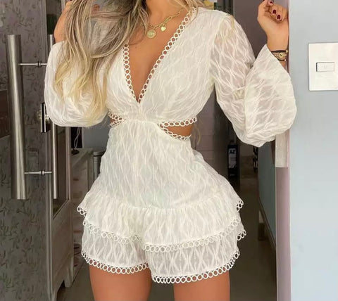 Women White Sexy Lace Full Sleeve Cut Out Romper