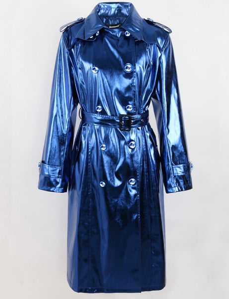 Women Fashion Metallic Button Up Trench Jacket