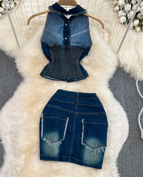 Women Halter Fringe Two Piece Denim Skirt Set