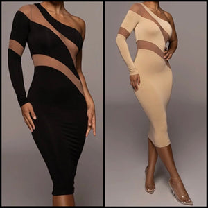 Women Sexy Mesh Patchwork One Shoulder Dress