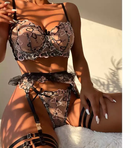 Women Sexy Ruffled Floral Mesh Three Piece Lingerie Set